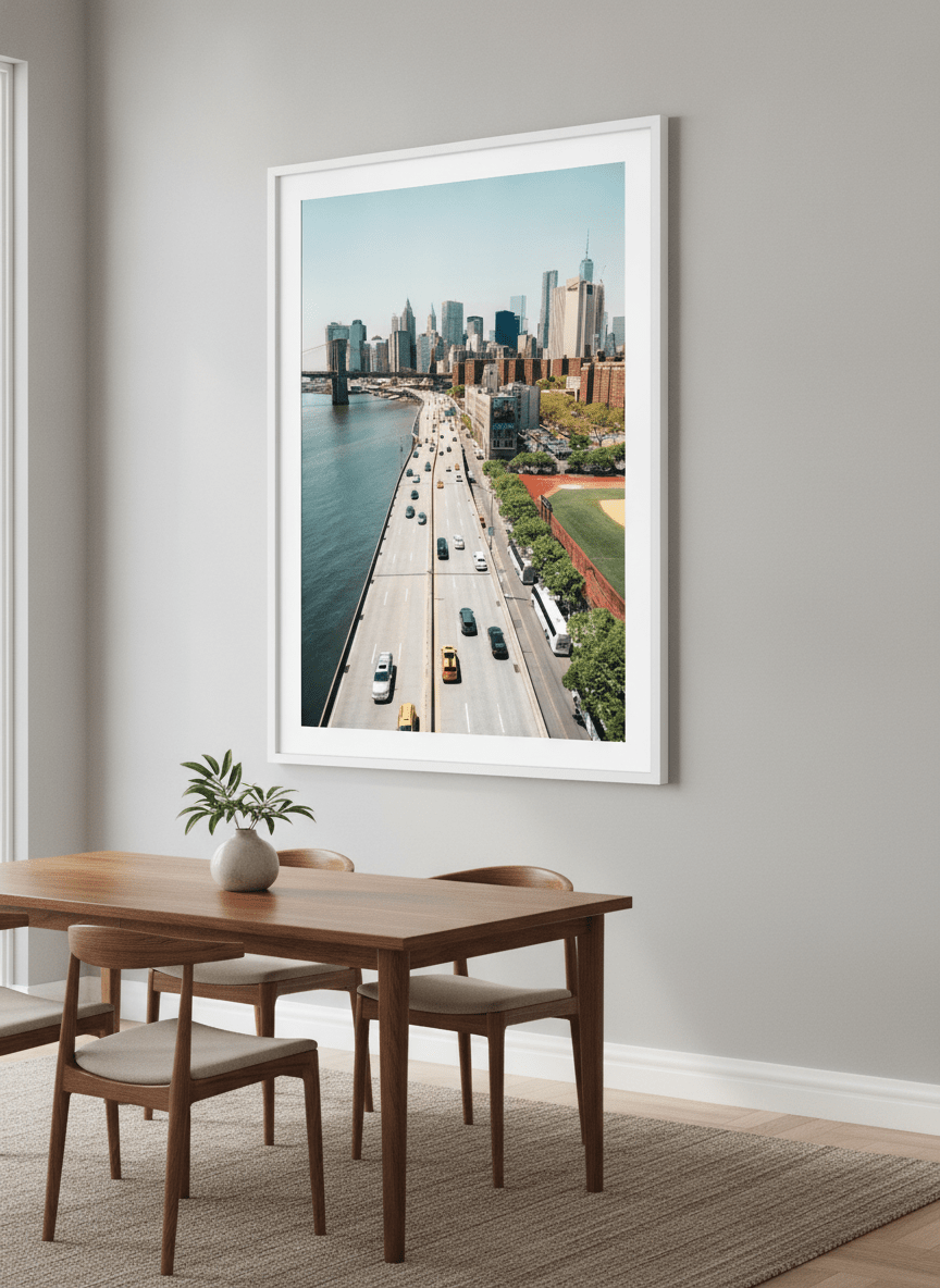 Wall art styled above a dining table in a contemporary home
