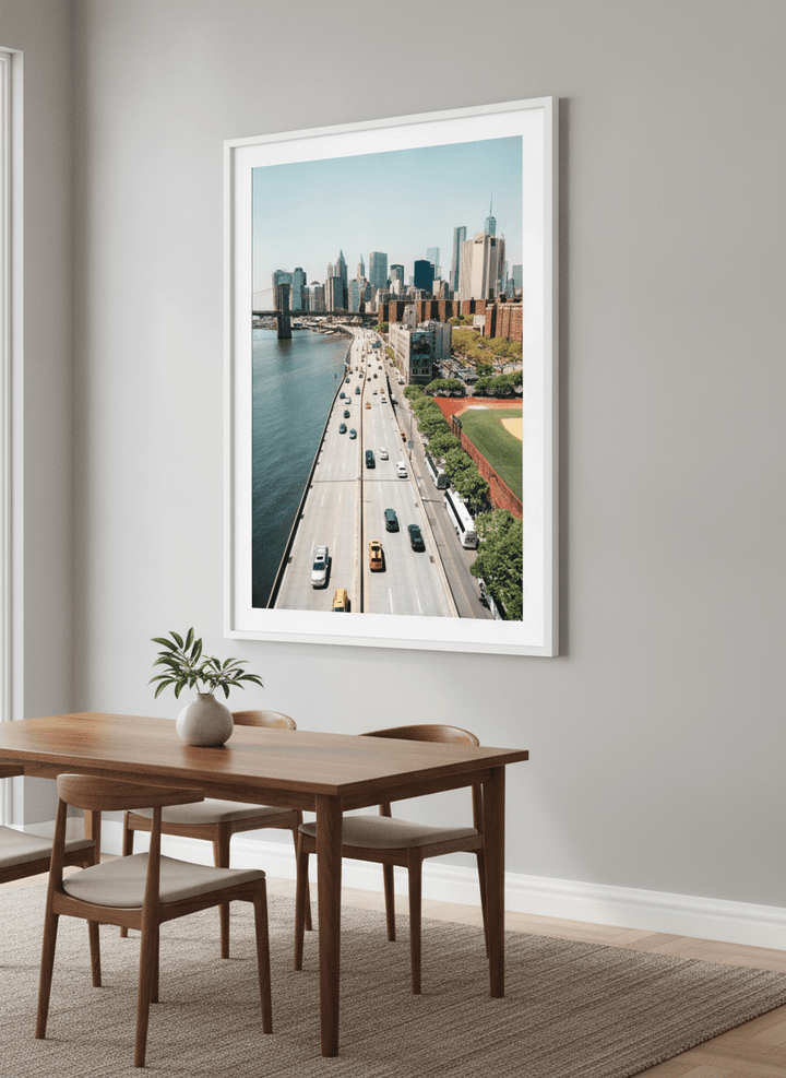 Wall art styled above a dining table in a contemporary home