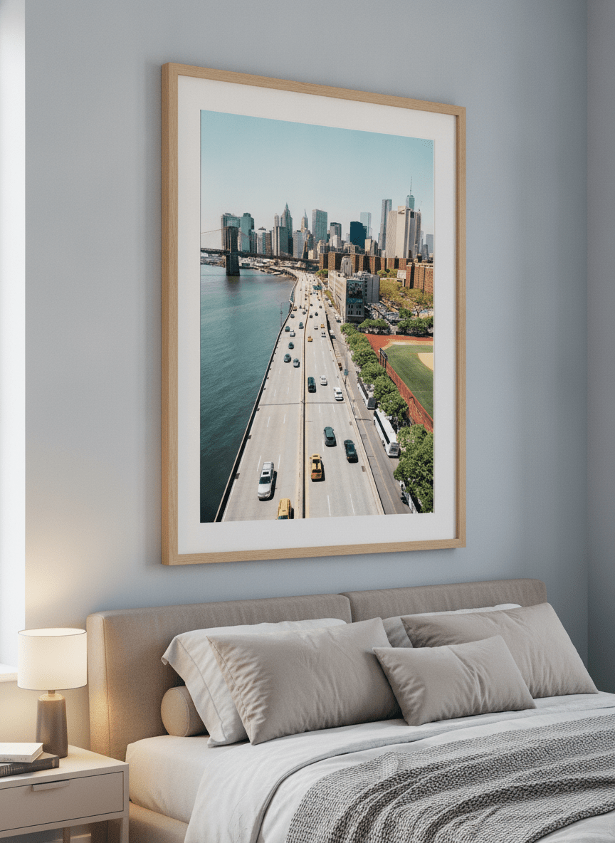 Minimalist artwork displayed in a calm, light-filled bedroom interior