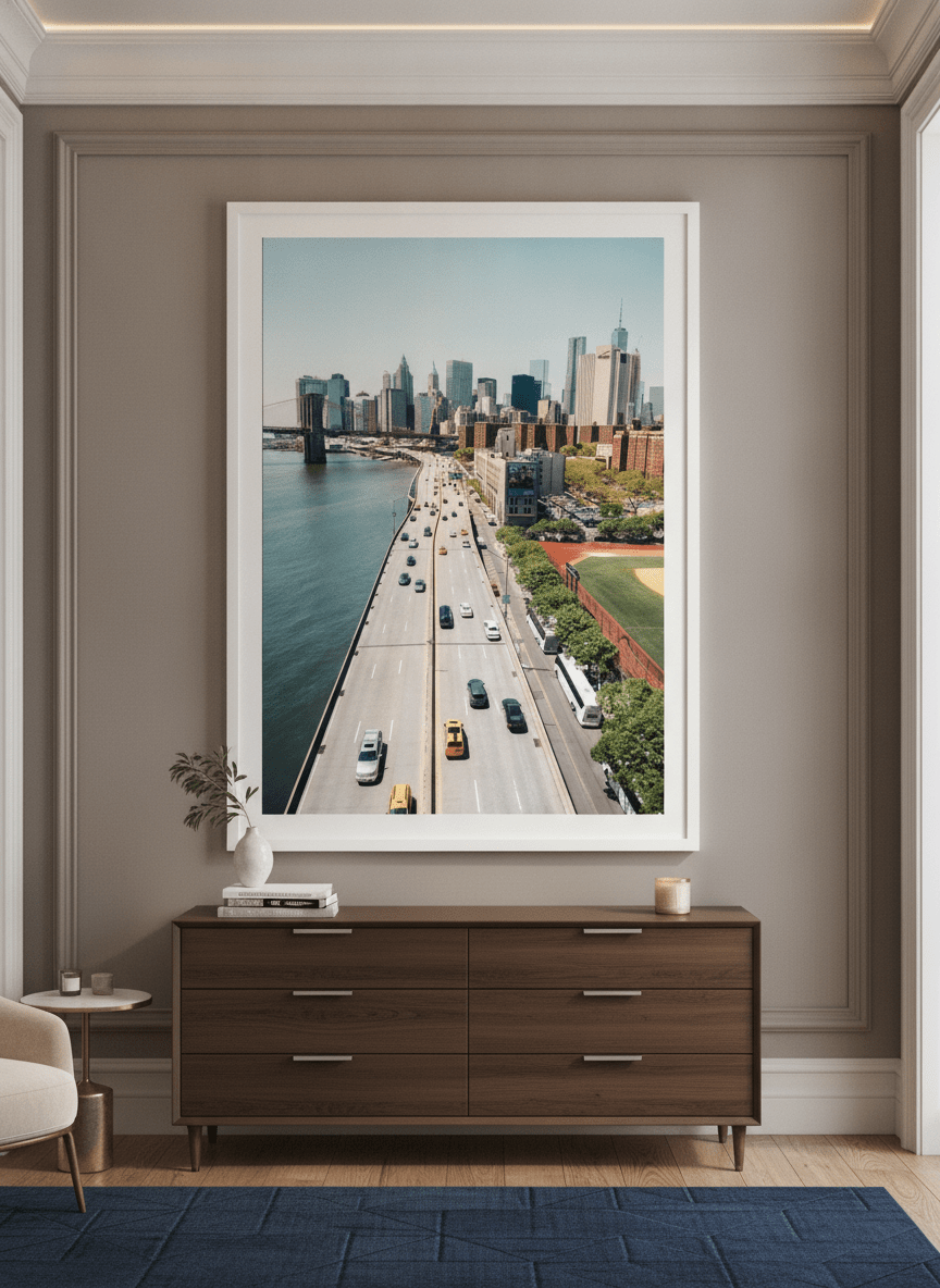 Monumental artwork centred on a feature wall in a luxe interior