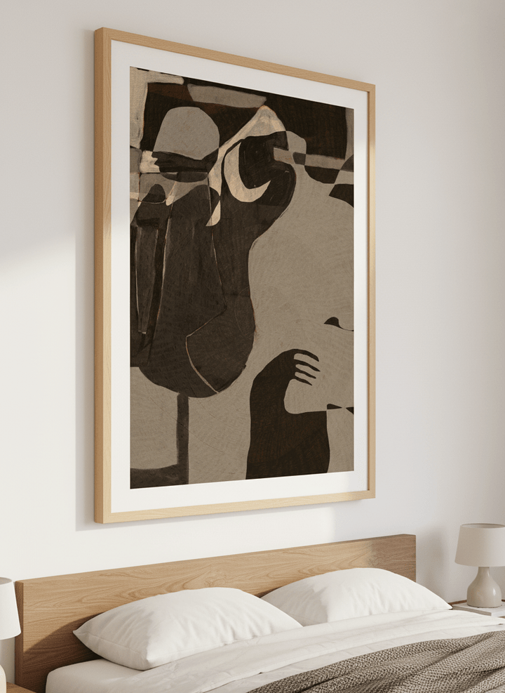 Minimalist artwork displayed in a calm, light-filled bedroom interior