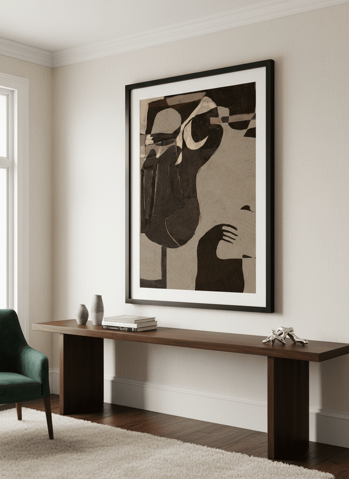 Monumental artwork centred on a feature wall in a luxe interior