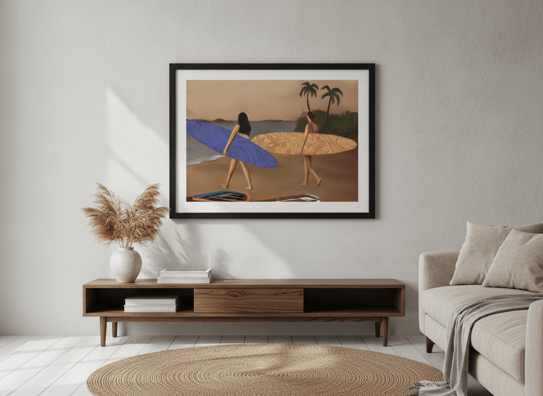 Modern wall art styled above a sofa in a neutral living room