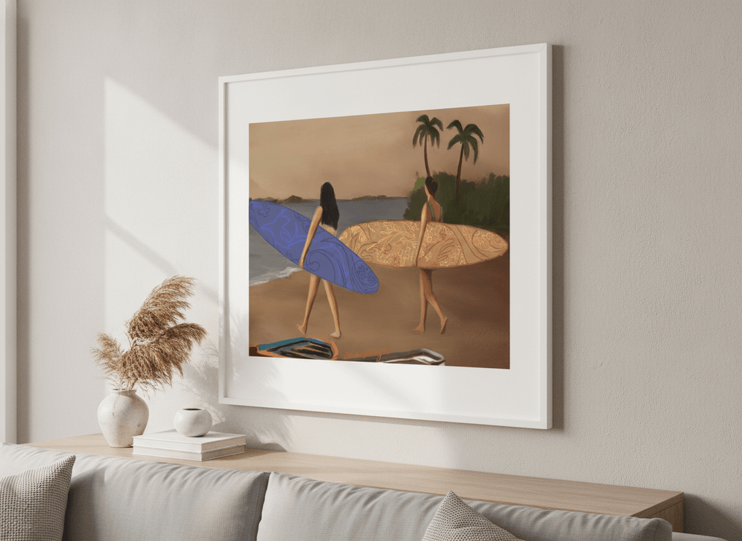Modern wall art styled above a sofa in a neutral living room