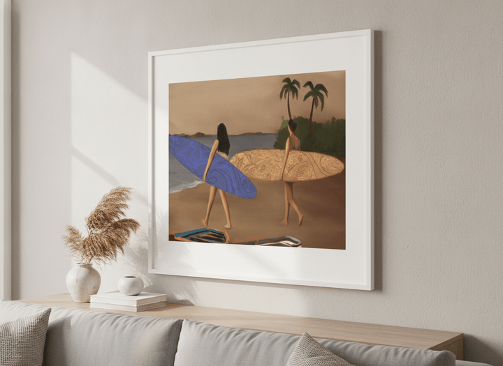 Modern wall art styled above a sofa in a neutral living room