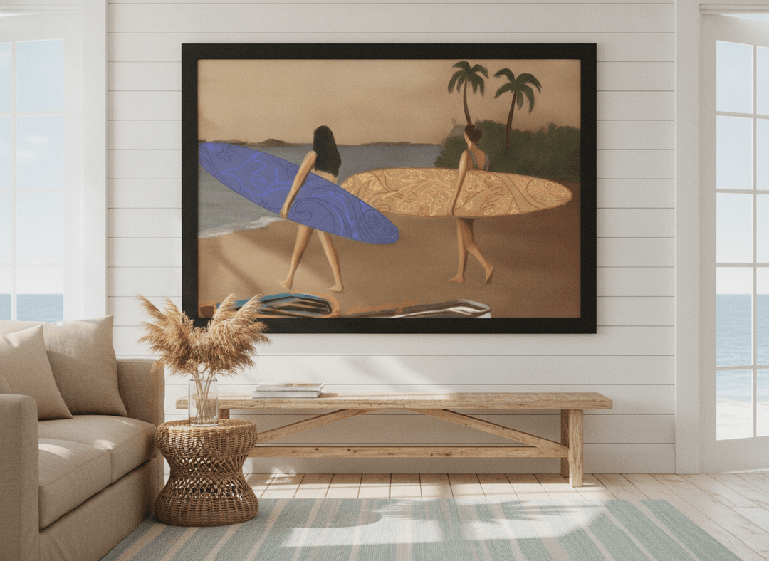 Neutral wall art displayed in a sunny coastal beach house