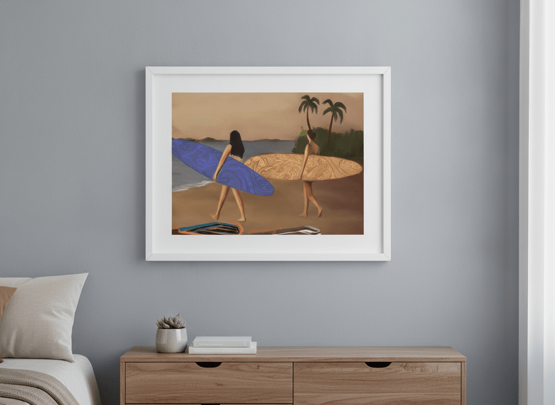 Minimalist artwork displayed in a calm, light-filled bedroom interior
