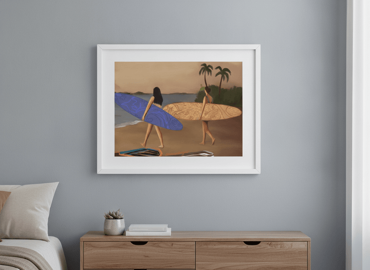 Minimalist artwork displayed in a calm, light-filled bedroom interior