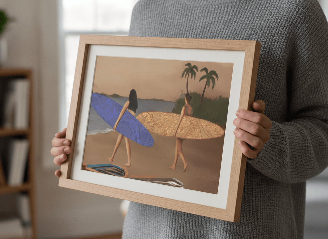 Person showcasing the artwork against a clean modern interior wall