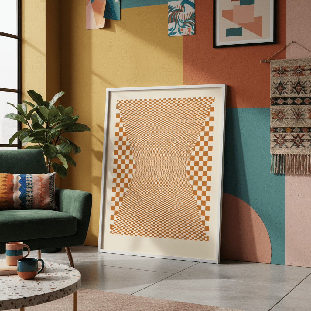 Checkered Orange Tiles wall - art - picture - poster