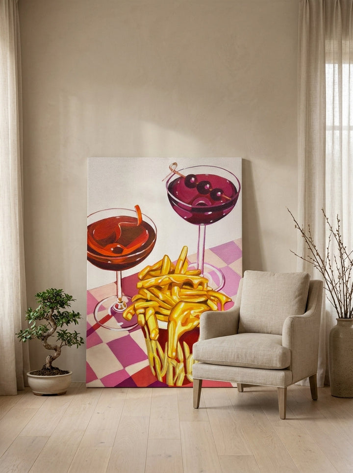 Stretched canvas wall art leaning against the wall in a warm Japandi living room