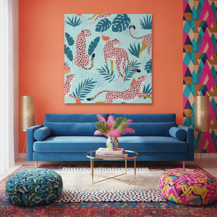 Stretched canvas wall art styled in a colourful, eclectic modern home