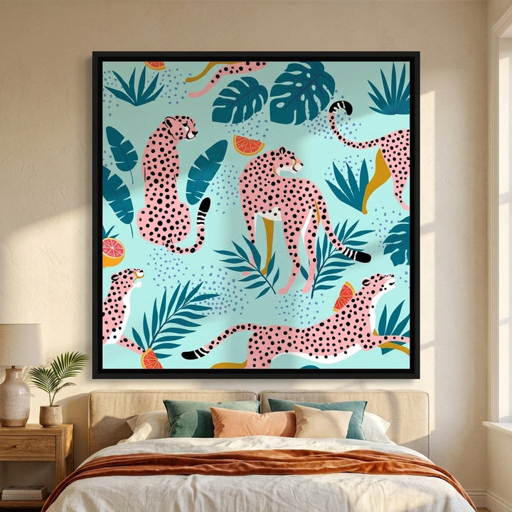 Canvas wall art with a black surround styled in a calm, light-filled bedroom