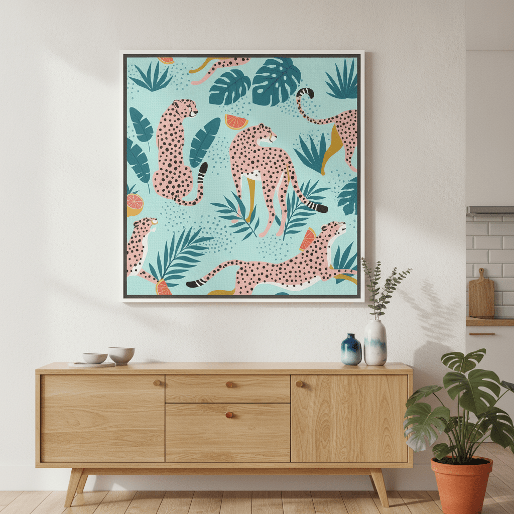 Canvas wall art with a white surround styled in a bright modern kitchen