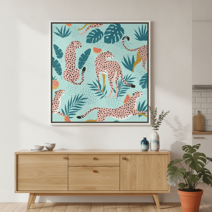 Canvas wall art with a white surround styled in a bright modern kitchen