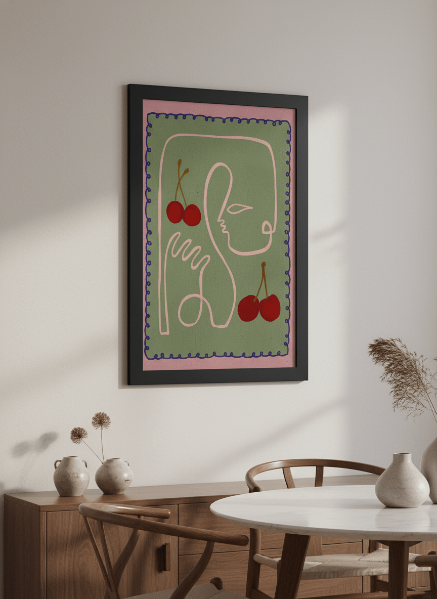 Wall art styled above a dining table in a contemporary home