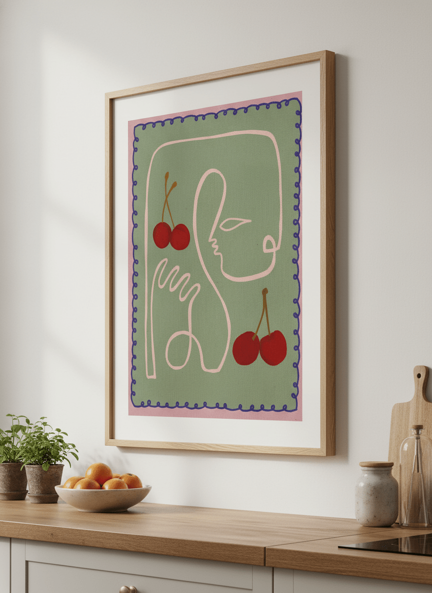Artwork styled on the wall of a bright modern kitchen