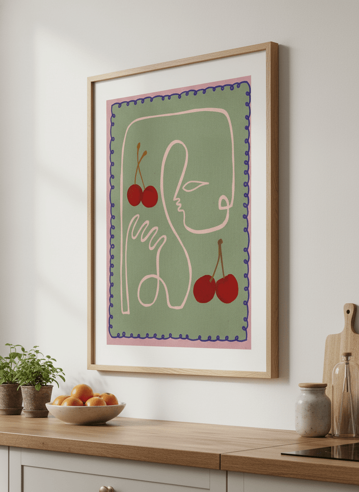 Artwork styled on the wall of a bright modern kitchen