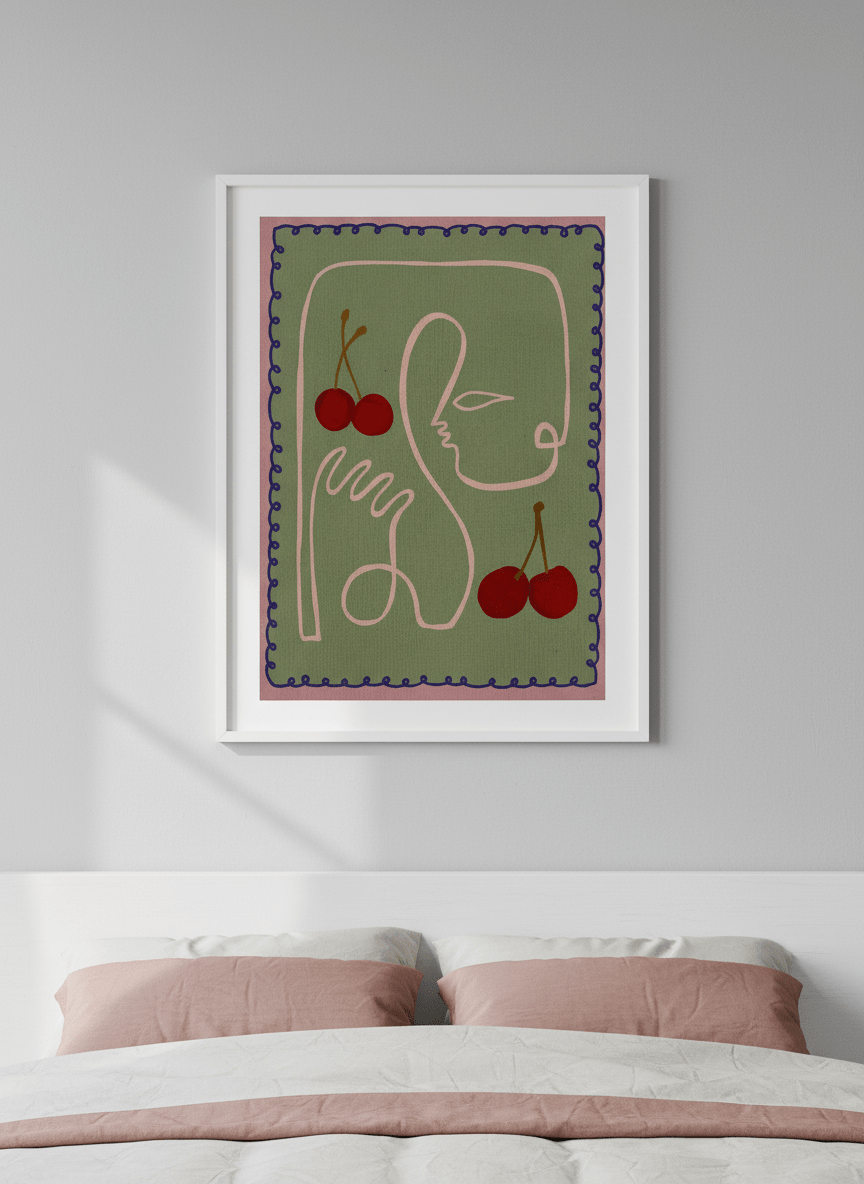 Minimalist artwork displayed in a calm, light-filled bedroom interior