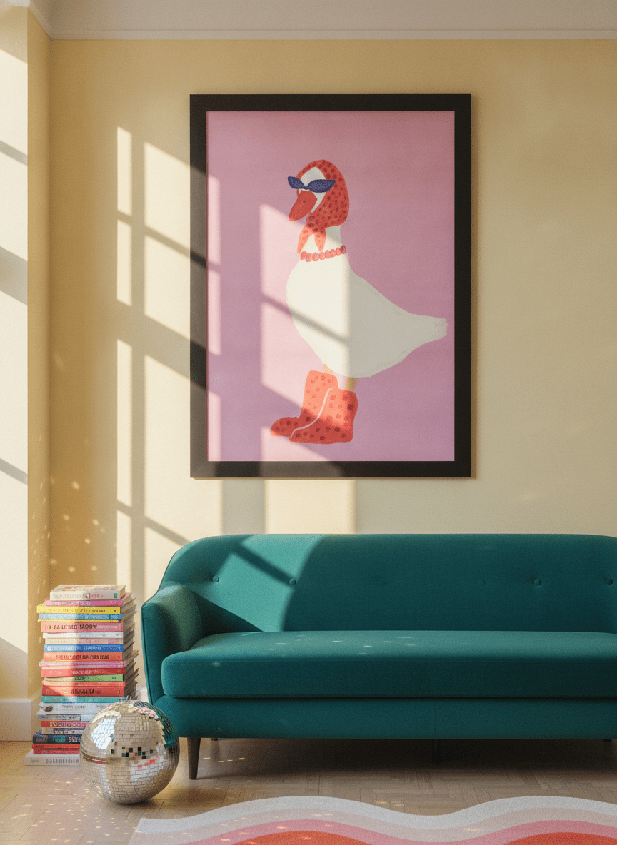Oversized statement modern wall art print styled on the wall in a colourful eclectic living room