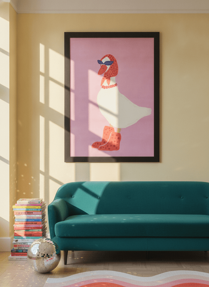 Oversized statement modern wall art print styled on the wall in a colourful eclectic living room