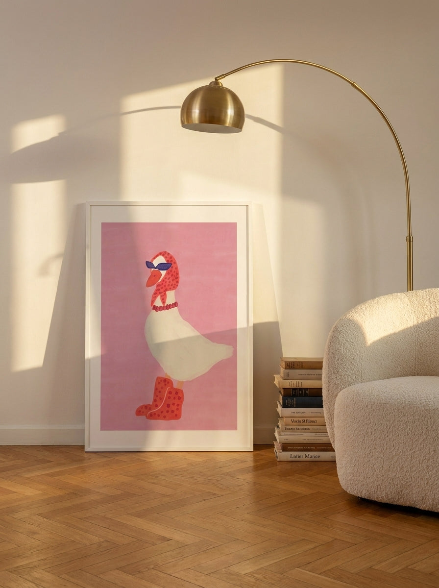 Modern wall art print leaning against the wall in a mid-century kitchen