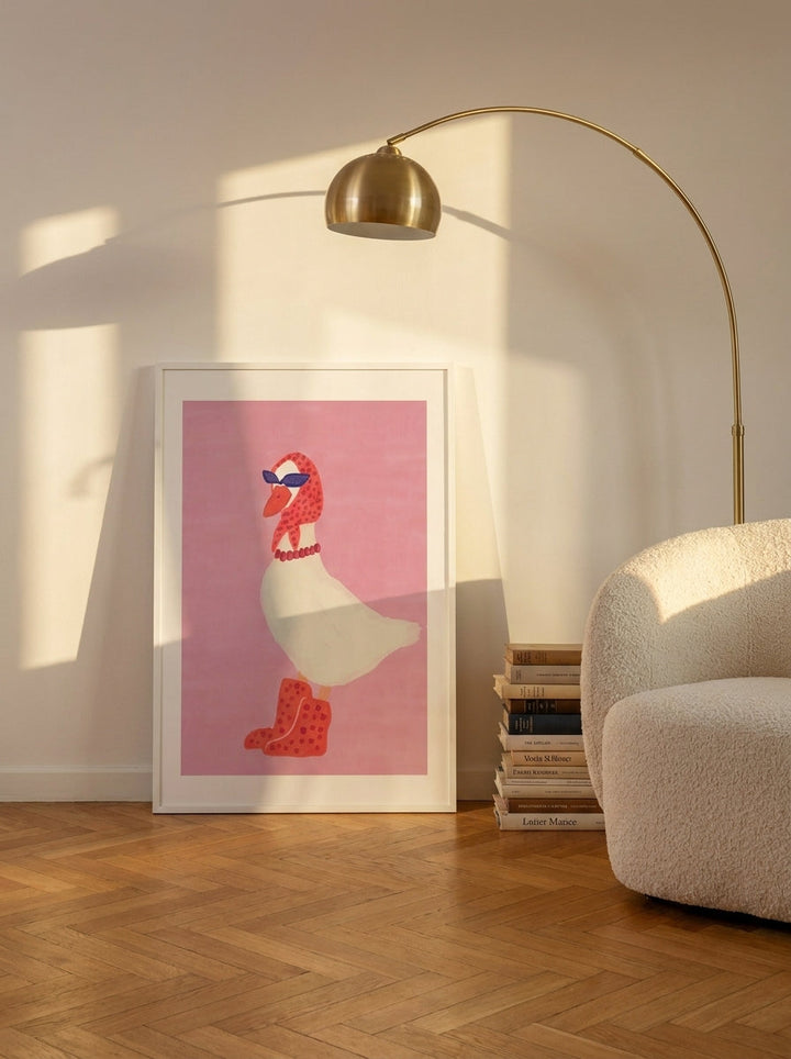 Modern wall art print leaning against the wall in a mid-century kitchen