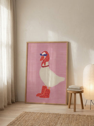 Oversized statement modern wall art print leaning against the wall in a warm Japandi bedroom