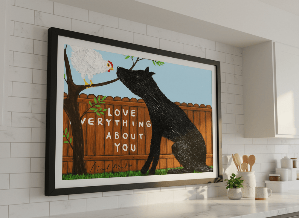 Artwork styled on the wall of a bright modern kitchen