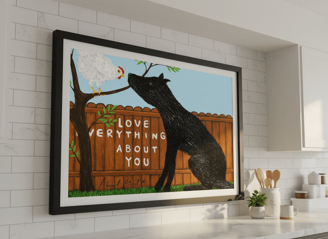 Artwork styled on the wall of a bright modern kitchen