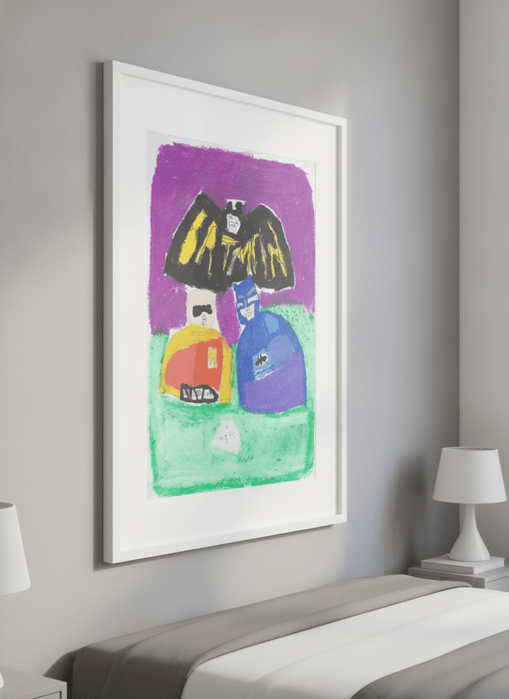 Minimalist artwork displayed in a calm, light-filled bedroom interior