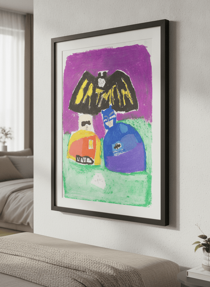 Minimalist artwork displayed in a calm, light-filled bedroom interior