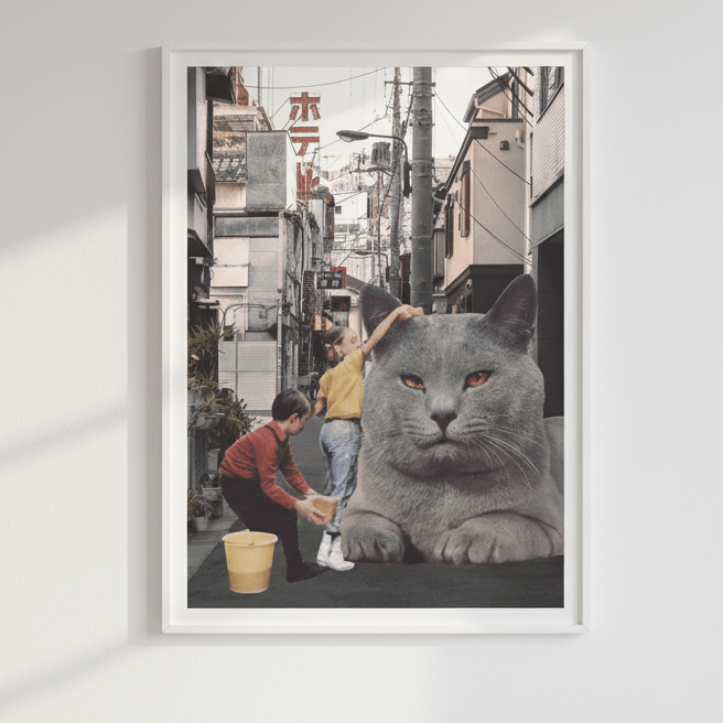Children Washing a Giant Cat in Tokyo Streets by Florent Bodart wall - art - picture - poster