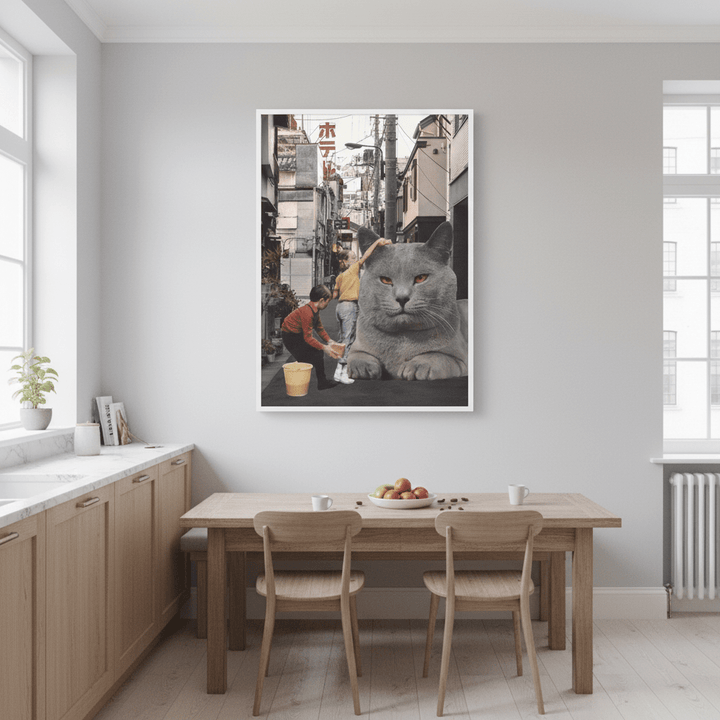 Children Washing a Giant Cat in Tokyo Streets by Florent Bodart wall - art - picture - poster