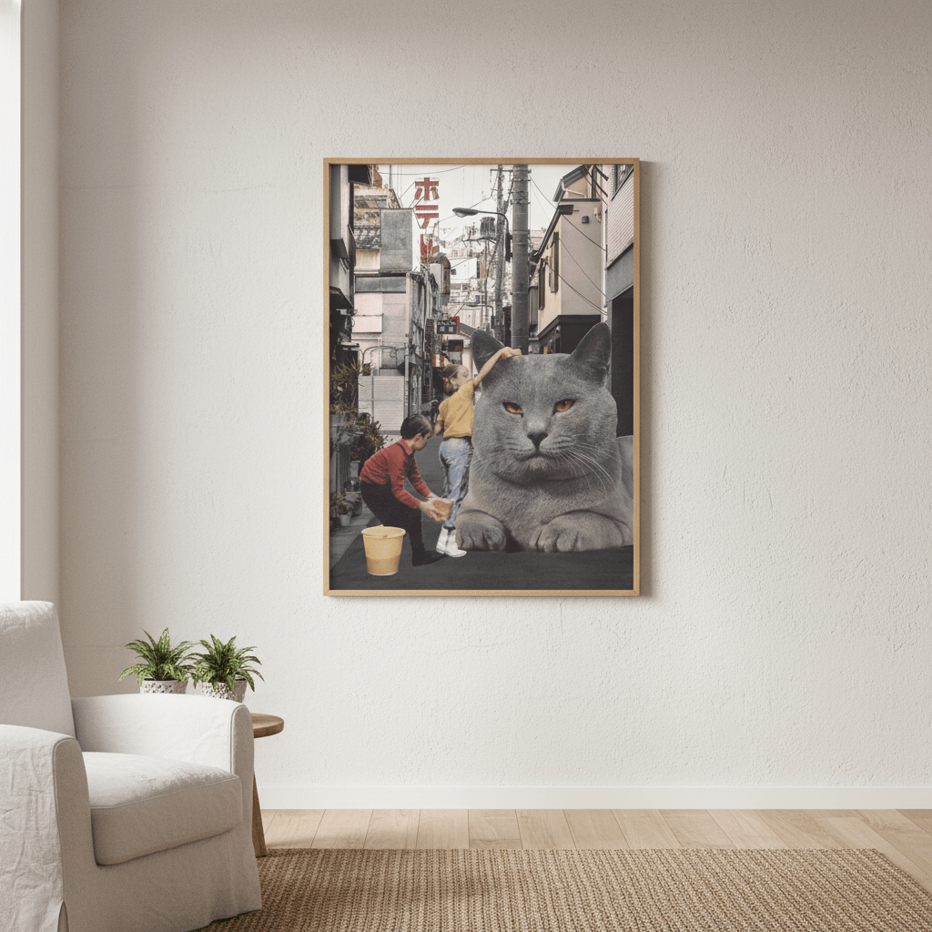 Children Washing a Giant Cat in Tokyo Streets by Florent Bodart wall - art - picture - poster