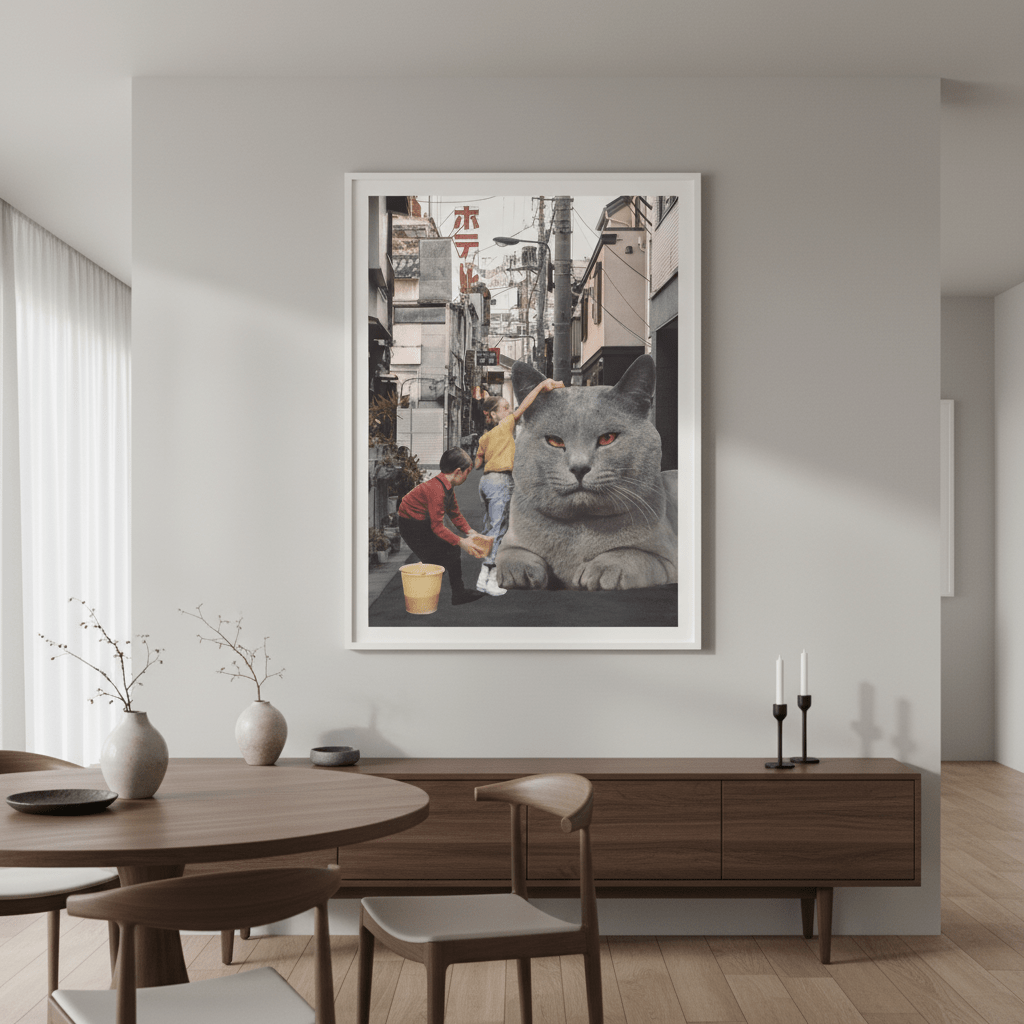 Children Washing a Giant Cat in Tokyo Streets by Florent Bodart wall - art - picture - poster