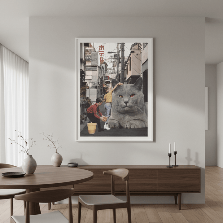 Children Washing a Giant Cat in Tokyo Streets by Florent Bodart wall - art - picture - poster