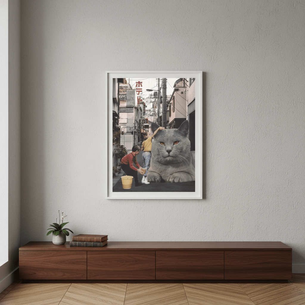 Children Washing a Giant Cat in Tokyo Streets by Florent Bodart wall - art - picture - poster