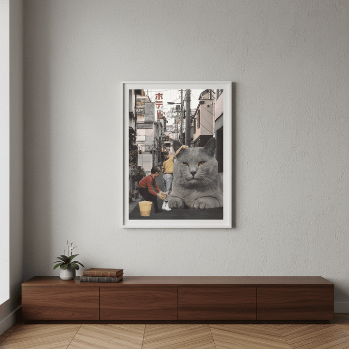 Children Washing a Giant Cat in Tokyo Streets by Florent Bodart wall - art - picture - poster