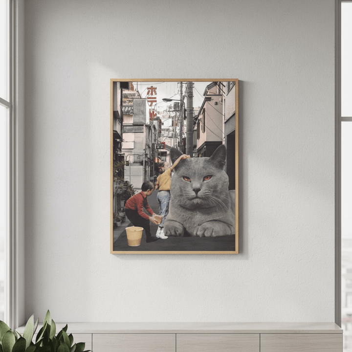 Children Washing a Giant Cat in Tokyo Streets by Florent Bodart wall - art - picture - poster