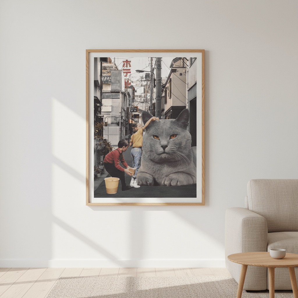 Children Washing a Giant Cat in Tokyo Streets by Florent Bodart wall - art - picture - poster