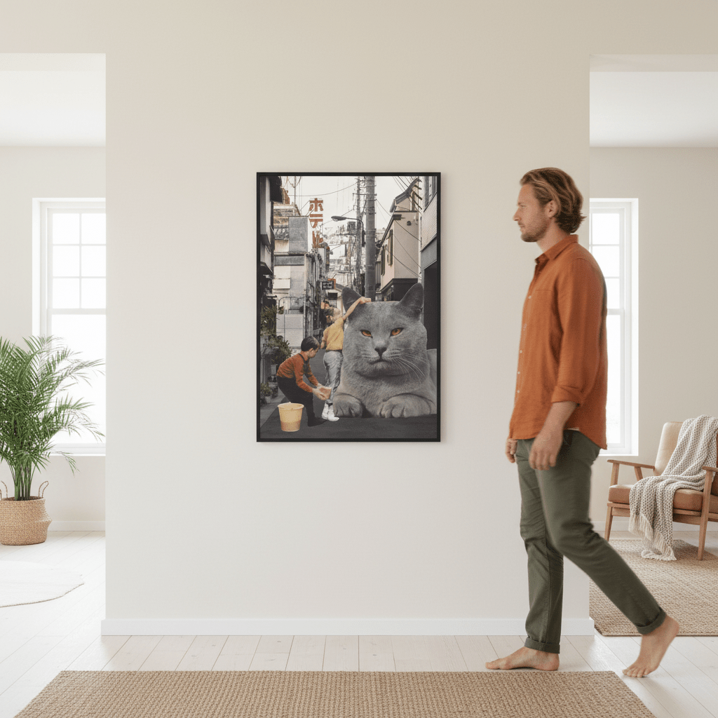 Children Washing a Giant Cat in Tokyo Streets by Florent Bodart wall - art - picture - poster