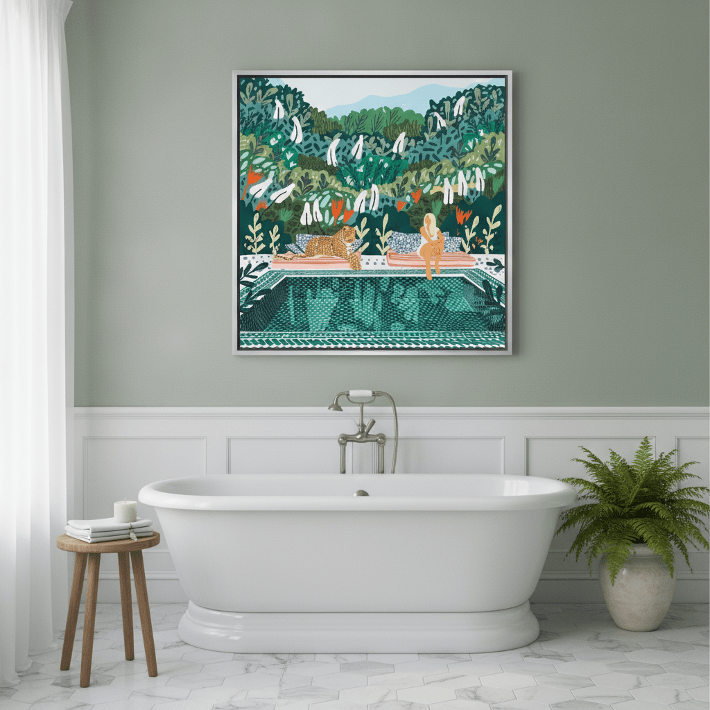 Canvas wall art with a silver leaf surround styled in a clean minimalist bathroom