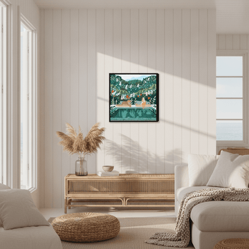 Canvas wall art with a black surround styled in a sunny coastal beach house