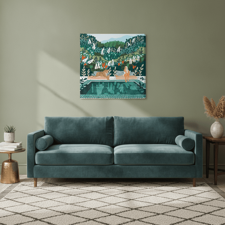 Stretched canvas wall art styled in a neutral living room