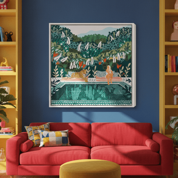 Oversized statement canvas wall art with a white surround styled in a colourful, eclectic modern home
