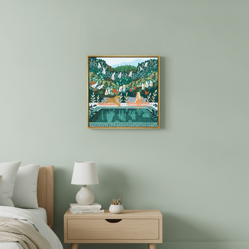 Canvas wall art with a gold leaf surround styled in a calm, light-filled bedroom