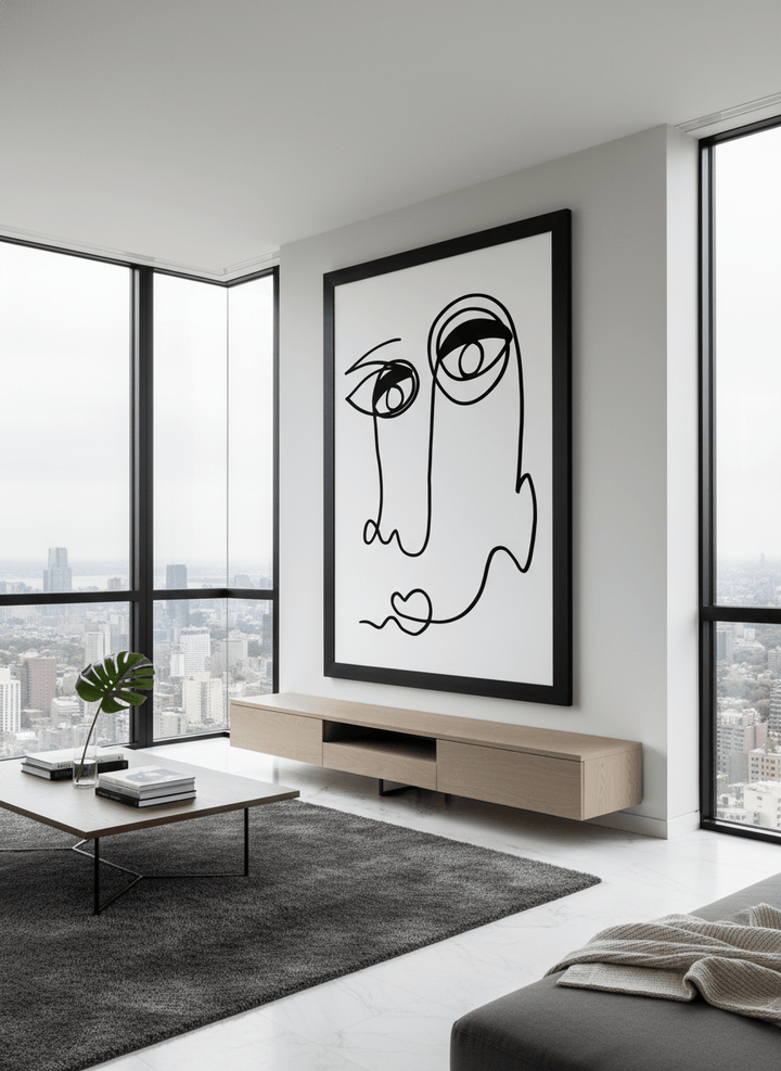 Monumental artwork centred on a feature wall in a luxe interior