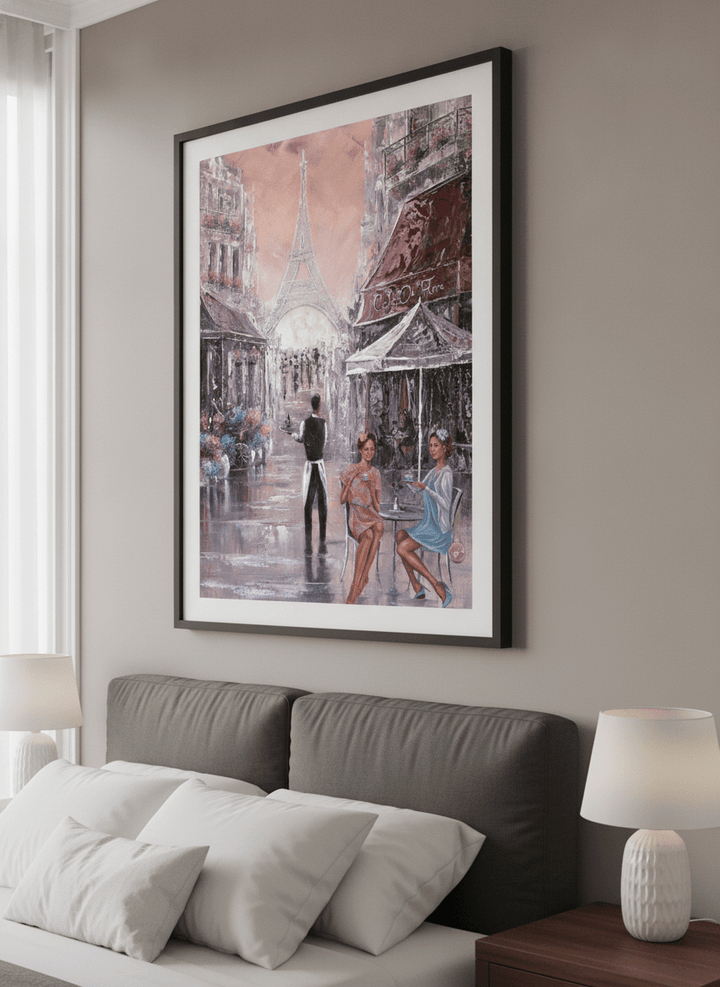 Minimalist artwork displayed in a calm, light-filled bedroom interior