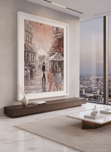 Monumental artwork centred on a feature wall in a luxe interior